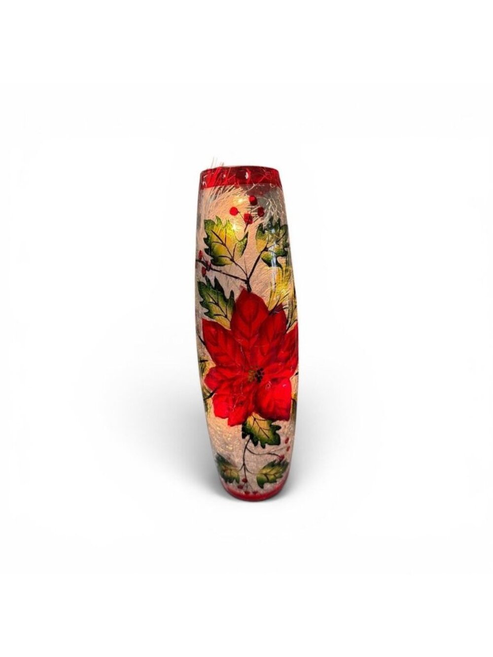 Hand-Painted Poinsettia Glass LED Vase With Holiday Red & Green Design